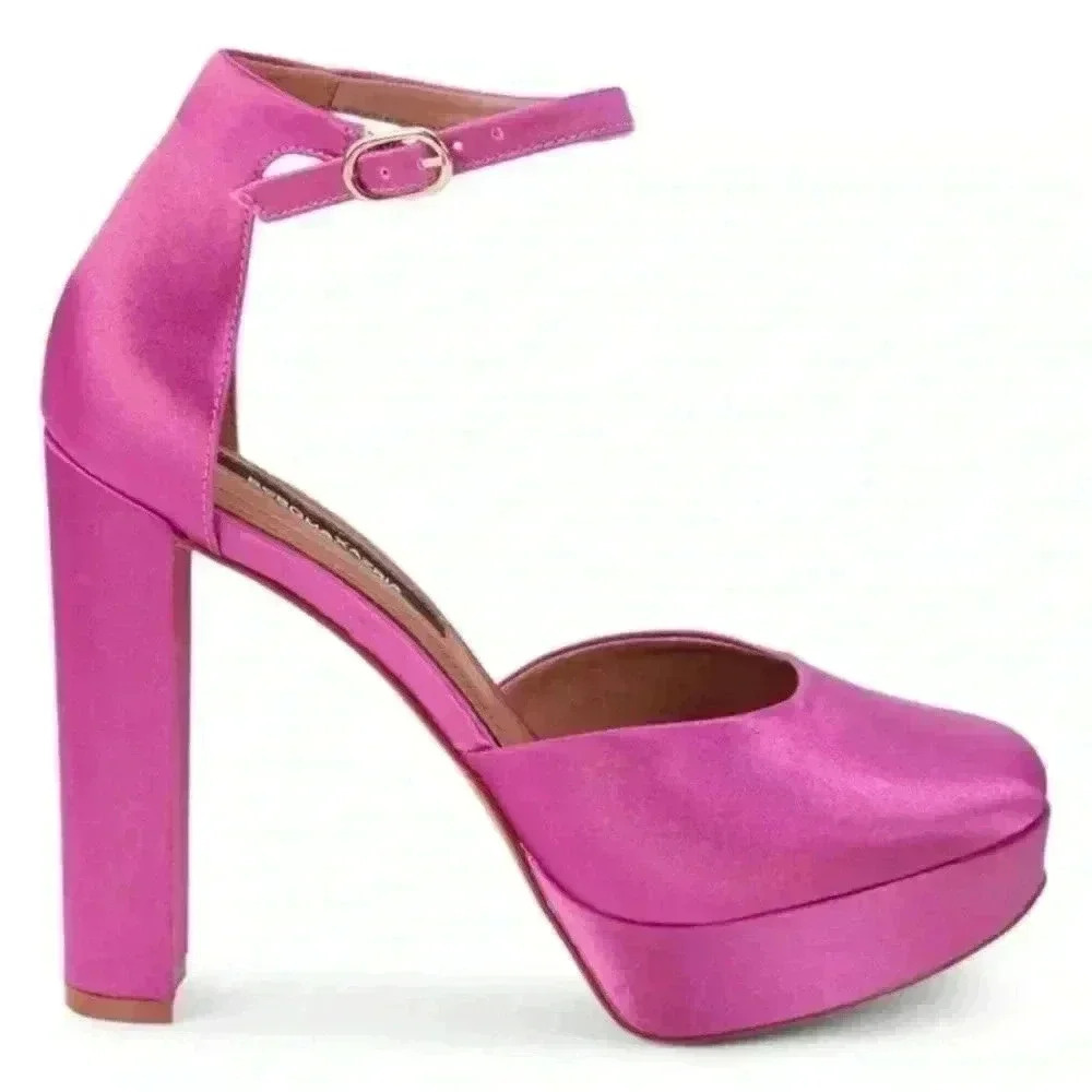 BCBGMaxAzria Cici 7 Fuchsia Satin Platform Pumps Ankle Strap Block Heel NWOB